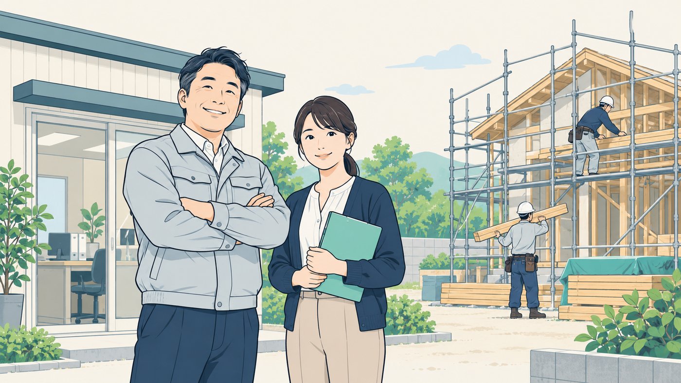 事務所の前で笑顔の社長と事務の人、奥に足場の組まれた住宅の現場と職人さん