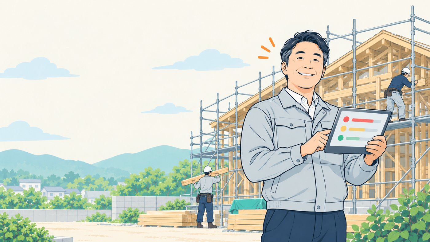 足場の組まれた建築途中の現場の前で、作業着の社長がタブレットを見ている絵。画面には赤・黄・緑の信号が並んでいる