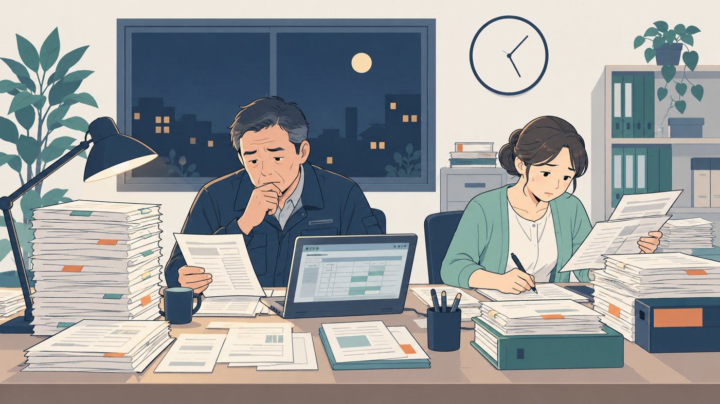 夜の事務所で、社長と事務の人が山積みの日報と請求書を表計算に書き写していて困っている絵