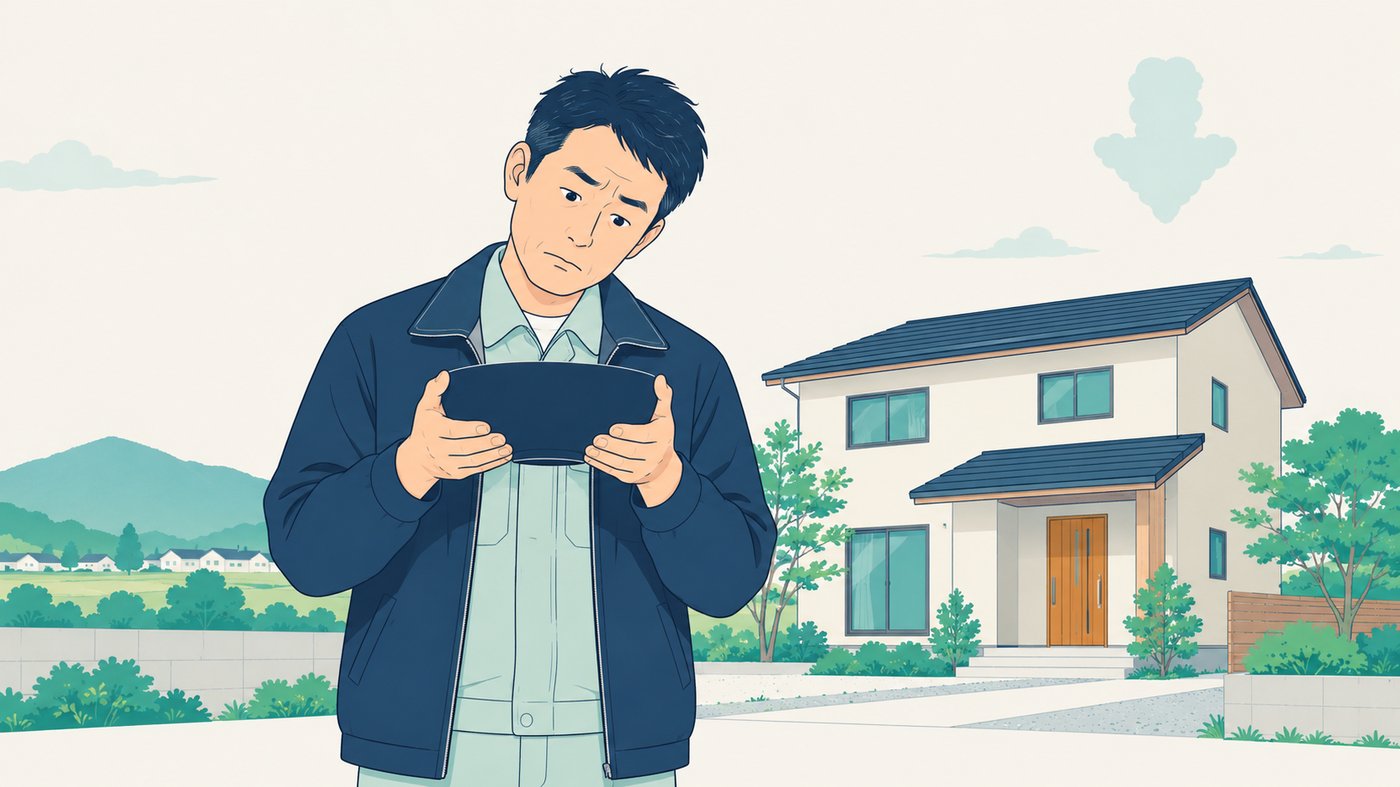 完成した住宅の前で、社長がタブレットをのぞき込んで首をかしげている絵