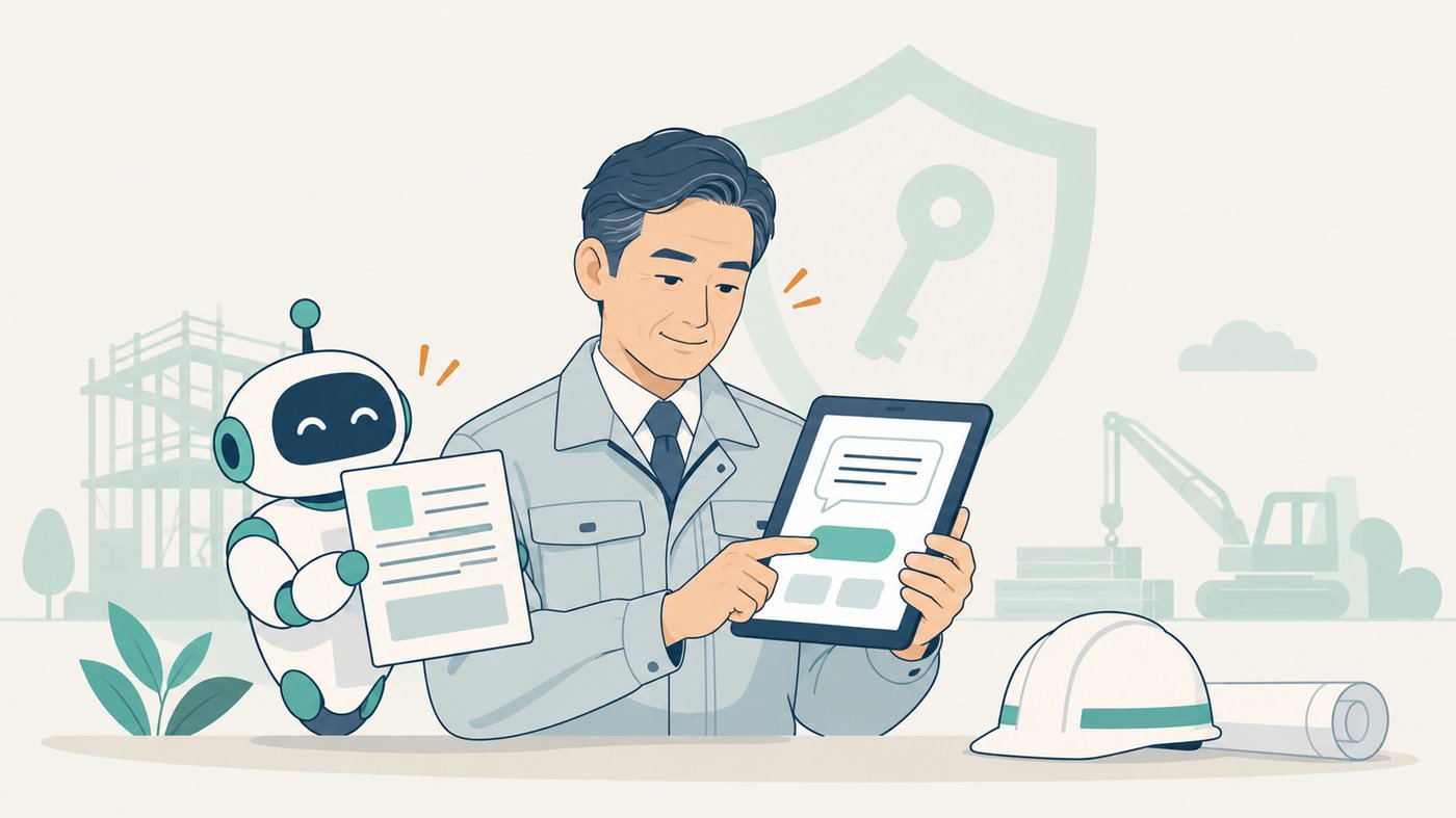 社長がタブレットで確認のボタンを押し、横で小さなAIのロボットが書類を差し出している絵