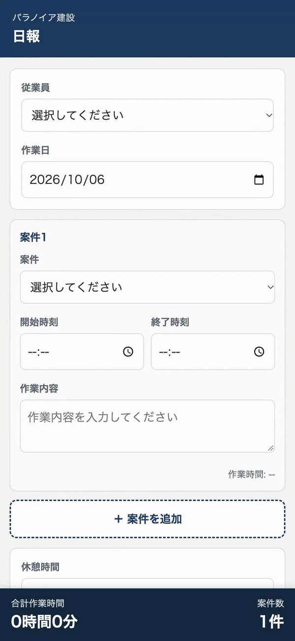 スマホの日報の画面。従業員・作業日・案件・開始と終了の時刻・作業内容を入れる欄が並ぶ